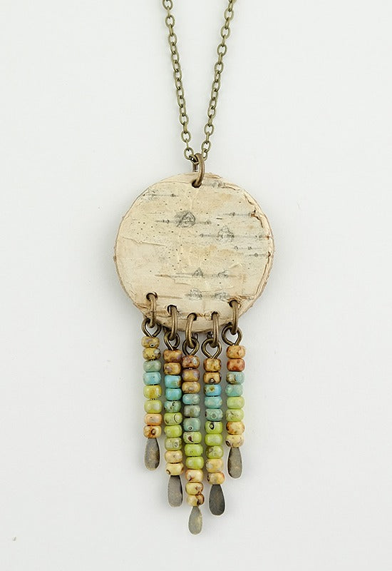 Birch Bark Becklace with dangling picasso beads