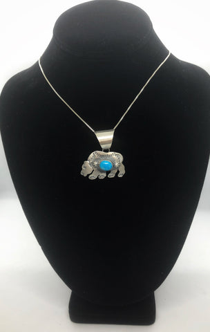 Kingman Turquoise Sterling Silver Bear Necklace