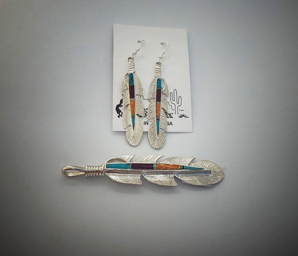 Multi-color Turquoise & Sterling Silver Feather Necklace & Earrings Set
