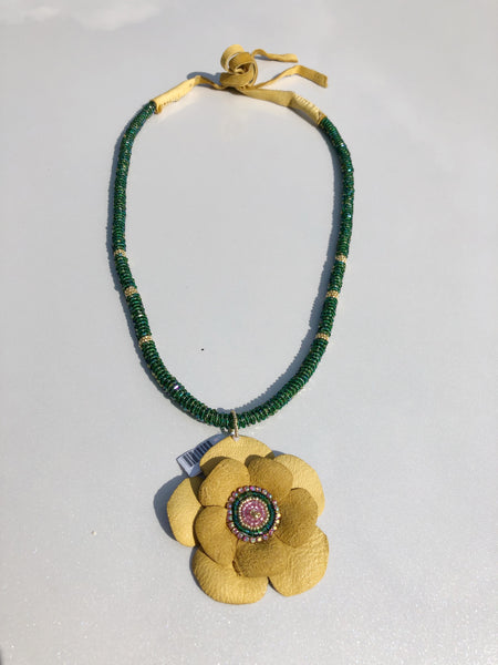 Beaded Rope Leather Flower Necklace