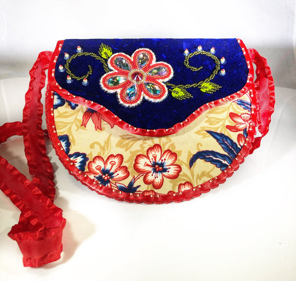 Over the Shoulder Blue Velvet with Red Trim Beaded Purse