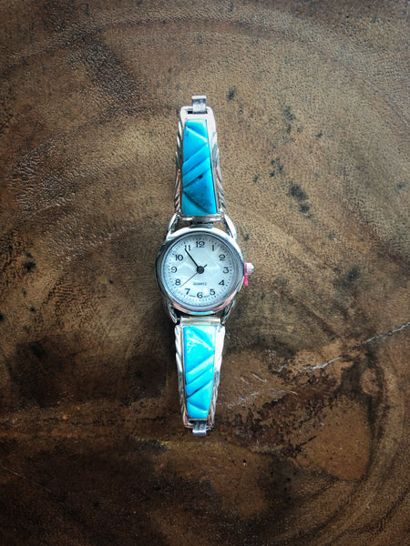 Diagonal Inlay Turquoise Sterling Silver Watch