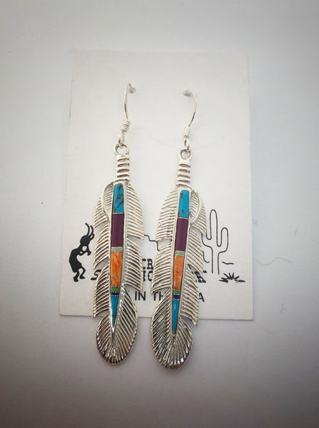 Multi-color Turquoise & Sterling Silver Feather Necklace & Earrings Set