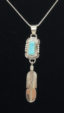 Turquoise Squared Shape with Sterling Silver Feather Pendant Necklace
